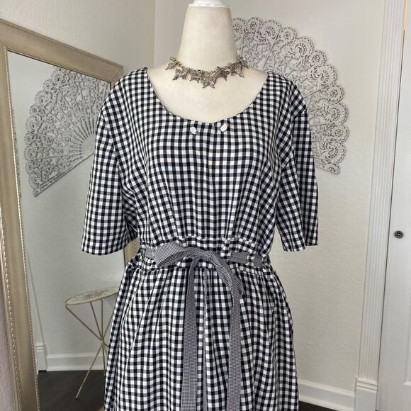 Vintage Made in USA Blue White Gingham Milkmaid Cottage Core Apron Midi Dress L - Picture 4 of 8